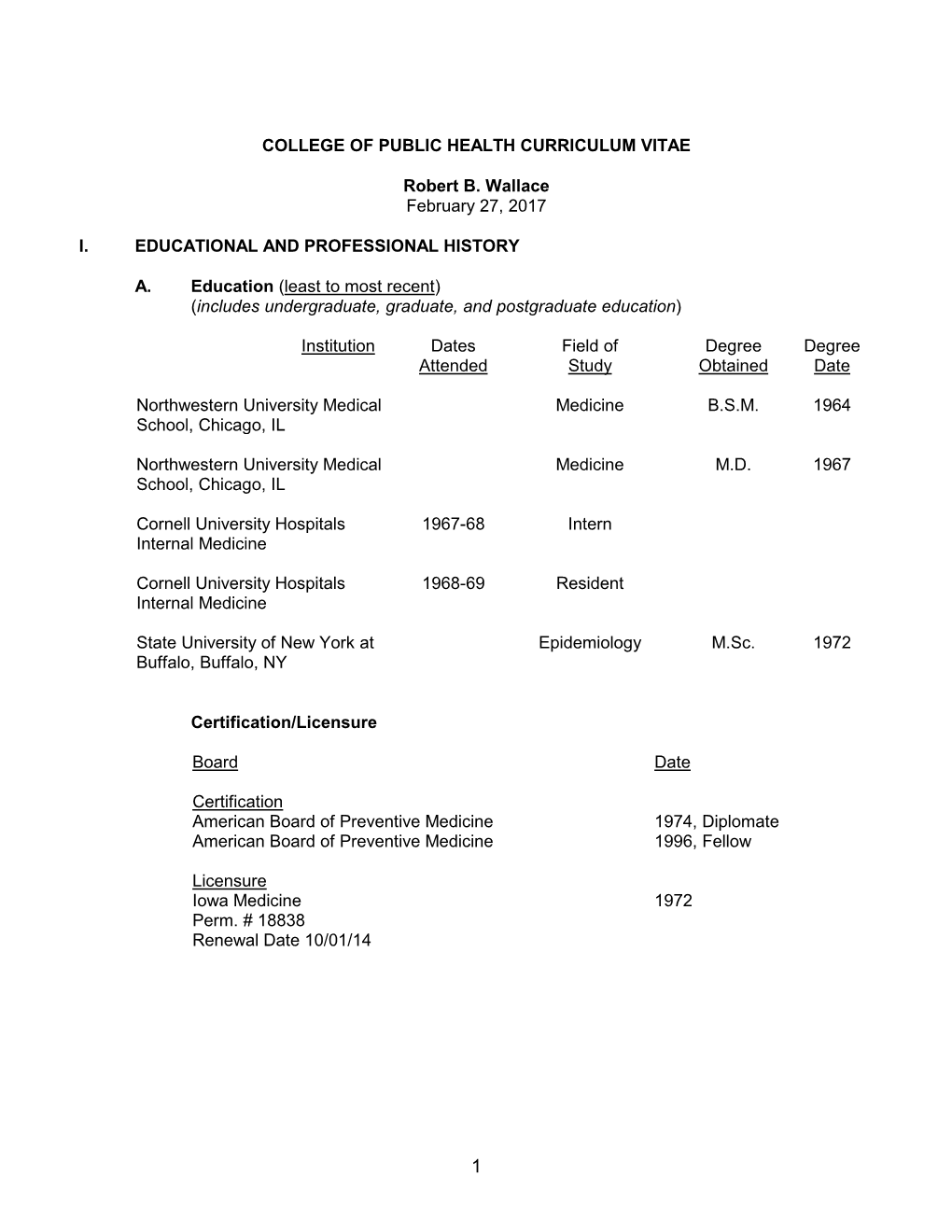 COLLEGE of PUBLIC HEALTH CURRICULUM VITAE Robert B