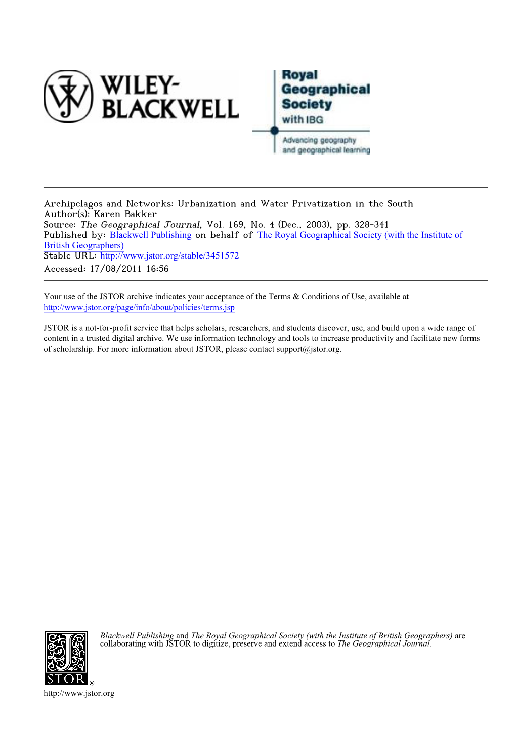 Urbanization and Water Privatization in the South Author(S): Karen Bakker Source: the Geographical Journal, Vol