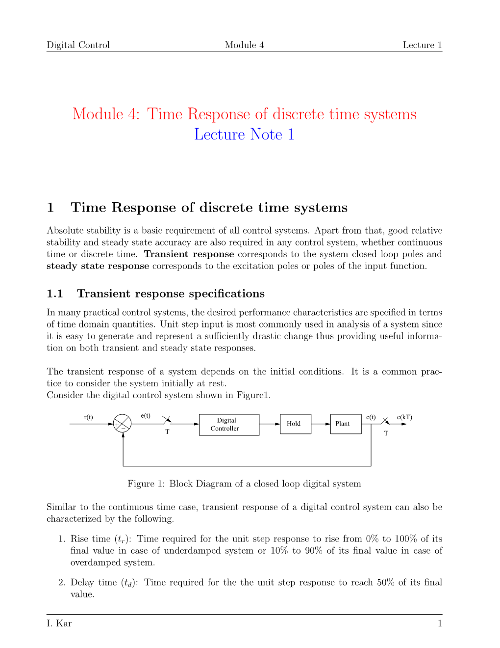 Module 4: Time Response of Discrete Time Systems Lecture Note 1