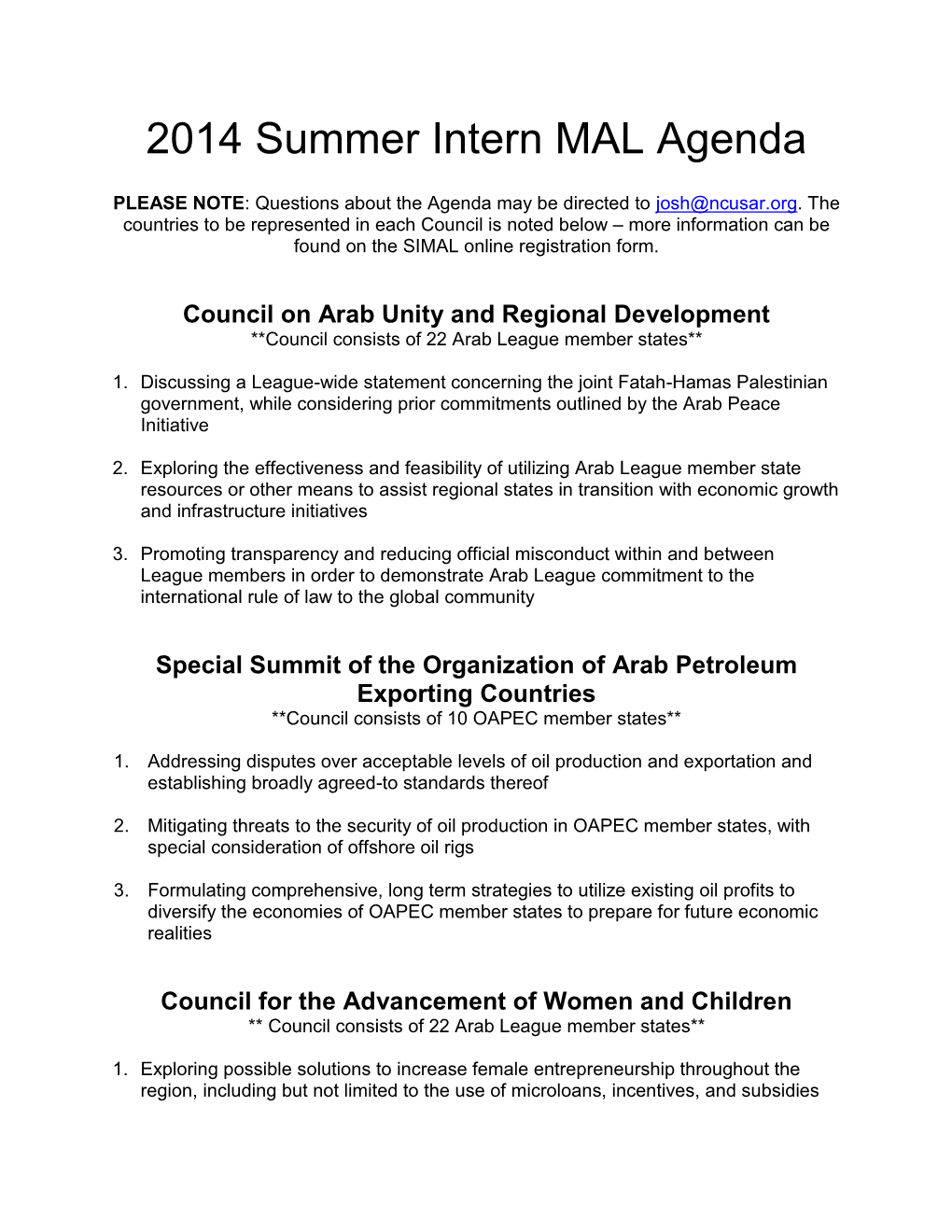 2014 Summer Intern MAL Agenda