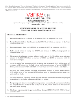 China VANKE CO., LTD.* 萬科企業股份有限公司 (A Joint Stock Company Incorporated in the People’S Republic of China with Limited Liability) (Stock Code: 2202)