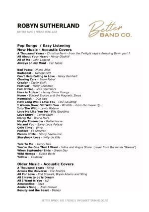 Robyn Sutherland Better Band | Artist Song List