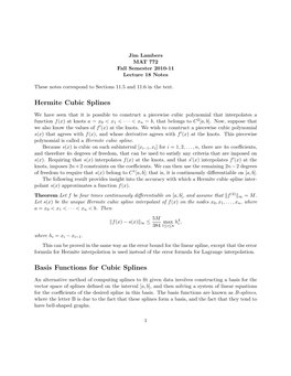 Hermite Cubic Splines Basis Functions for Cubic Splines