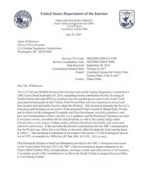 06/23/2017, Letter from US FWS Vero Beach to NRC Regarding Proposed