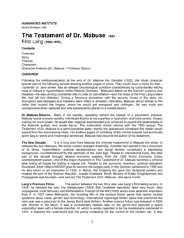 The Testament of Dr. Mabuse 1933 Fritz Lang (1890-1976) Contents Overview Story Themes Characters Character Analysis (Dr