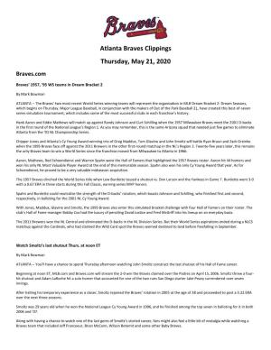 Atlanta Braves Clippings Thursday, May 21, 2020 Braves.Com