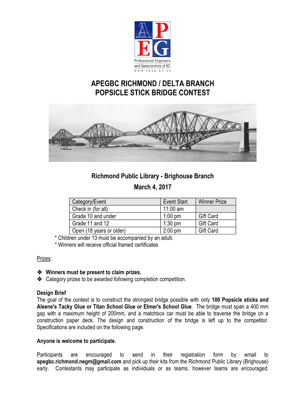 Apegbc Richmond / Delta Branch Popsicle Stick Bridge Contest