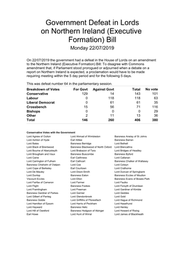 Government Defeat in Lords on Northern Ireland (Executive Formation) Bill Monday 22/07/2019