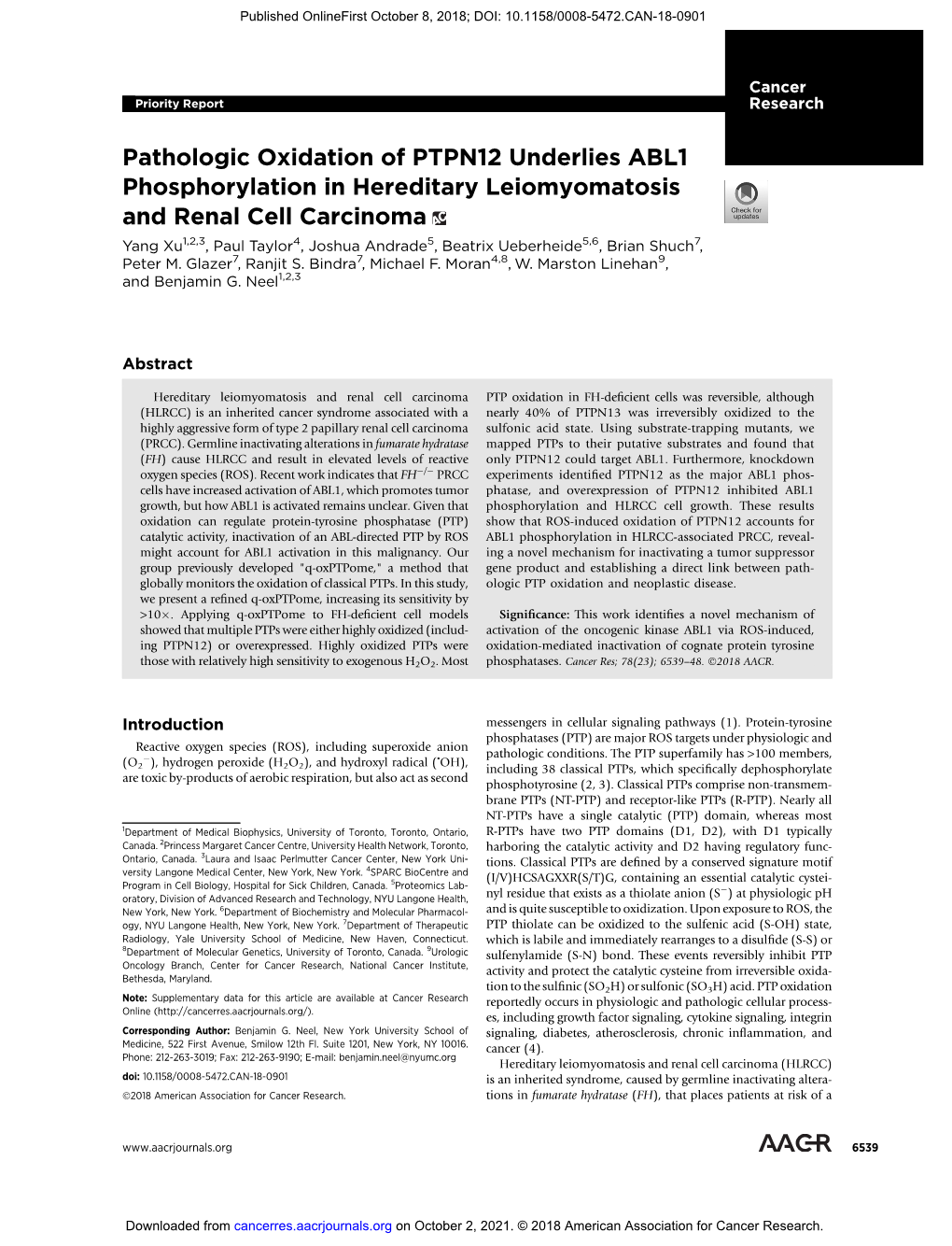 Pathologic Oxidation of PTPN12 Underlies ABL1 Phosphorylation In