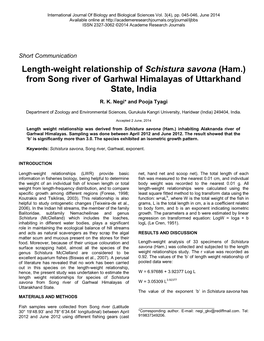 Length-Weight Relationship of Schistura Savona (Ham.) from Song River of Garhwal Himalayas of Uttarkhand State, India