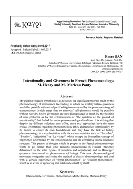 Emre ŞAN Intentionality and Givenness in French Phenomenology