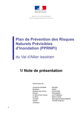 Plan De Prévention Des Risques Naturels Prévisibles D'inondation (Pprnpi) Du Val D'allier Issoirien 1/ Note De Présentation