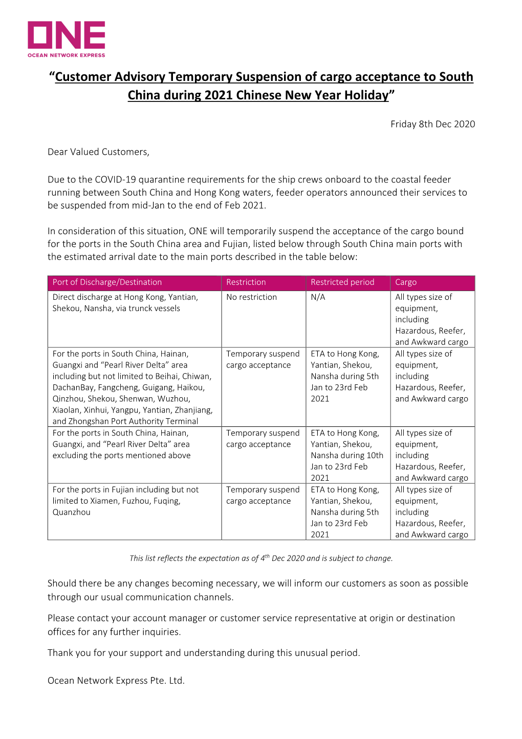 “Customer Advisory Temporary Suspension of Cargo Acceptance to South China During 2021 Chinese New Year Holiday”