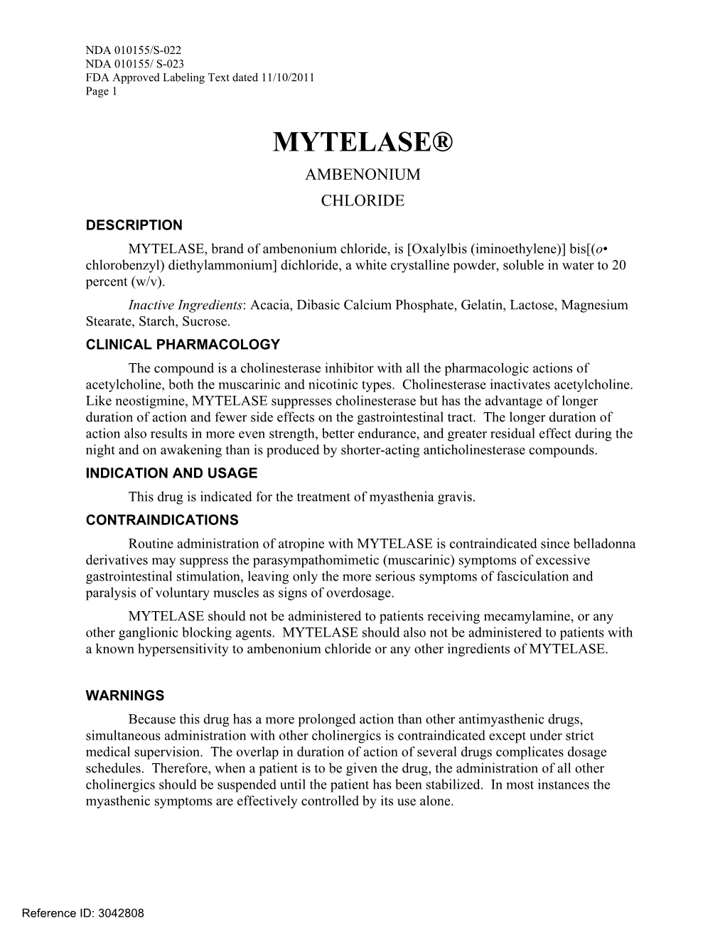 Mytelase (Ambenonium Chloride) Tablets Label