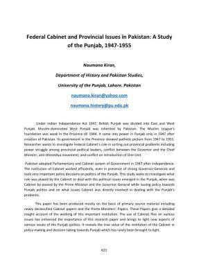 Federal Cabinet and Provincial Issues in Pakistan: a Study of the Punjab, 1947-1955