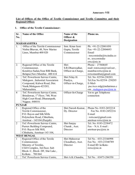 Annexure -VII List of Offices of the Office of Textile Commissioner And