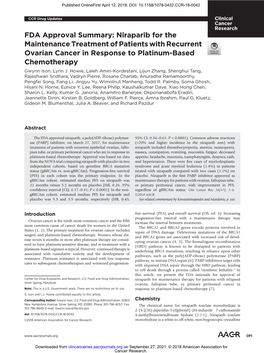 Niraparib for the Maintenance Treatment of Patients with Recurrent Ovarian Cancer in Response to Platinum-Based Chemotherapy Gwynn Ison, Lynn J