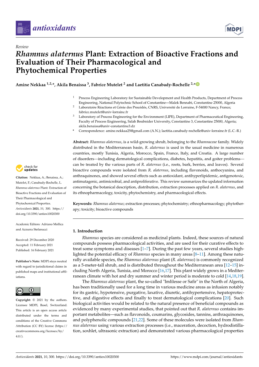 Rhamnus Alaternus Plant: Extraction of Bioactive Fractions and Evaluation of Their Pharmacological and Phytochemical Properties