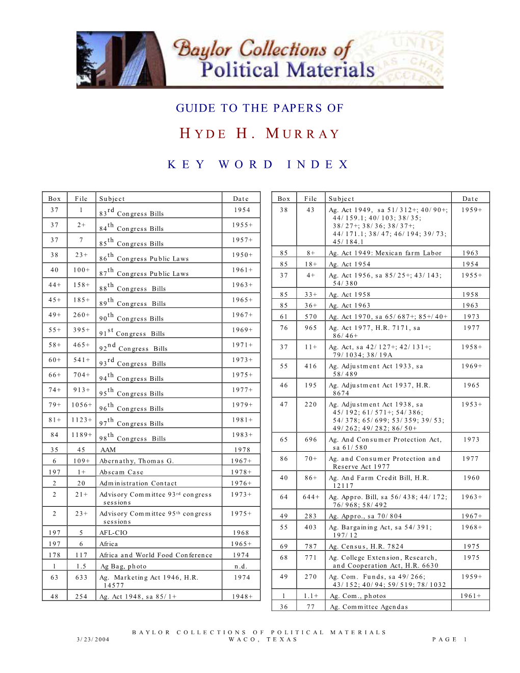 Hyde H. Murray K Ey W Ord Index