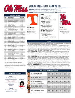 2015-16 BASKETBALL GAME NOTES Ole Miss Athletics Media Relations | 908 All-American Dr