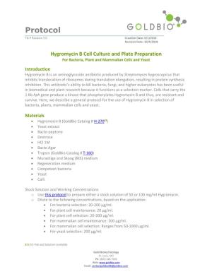 Hygromycin B Cell Culture and Plate Preparation Protocol TD-P Date: 10/4/2018