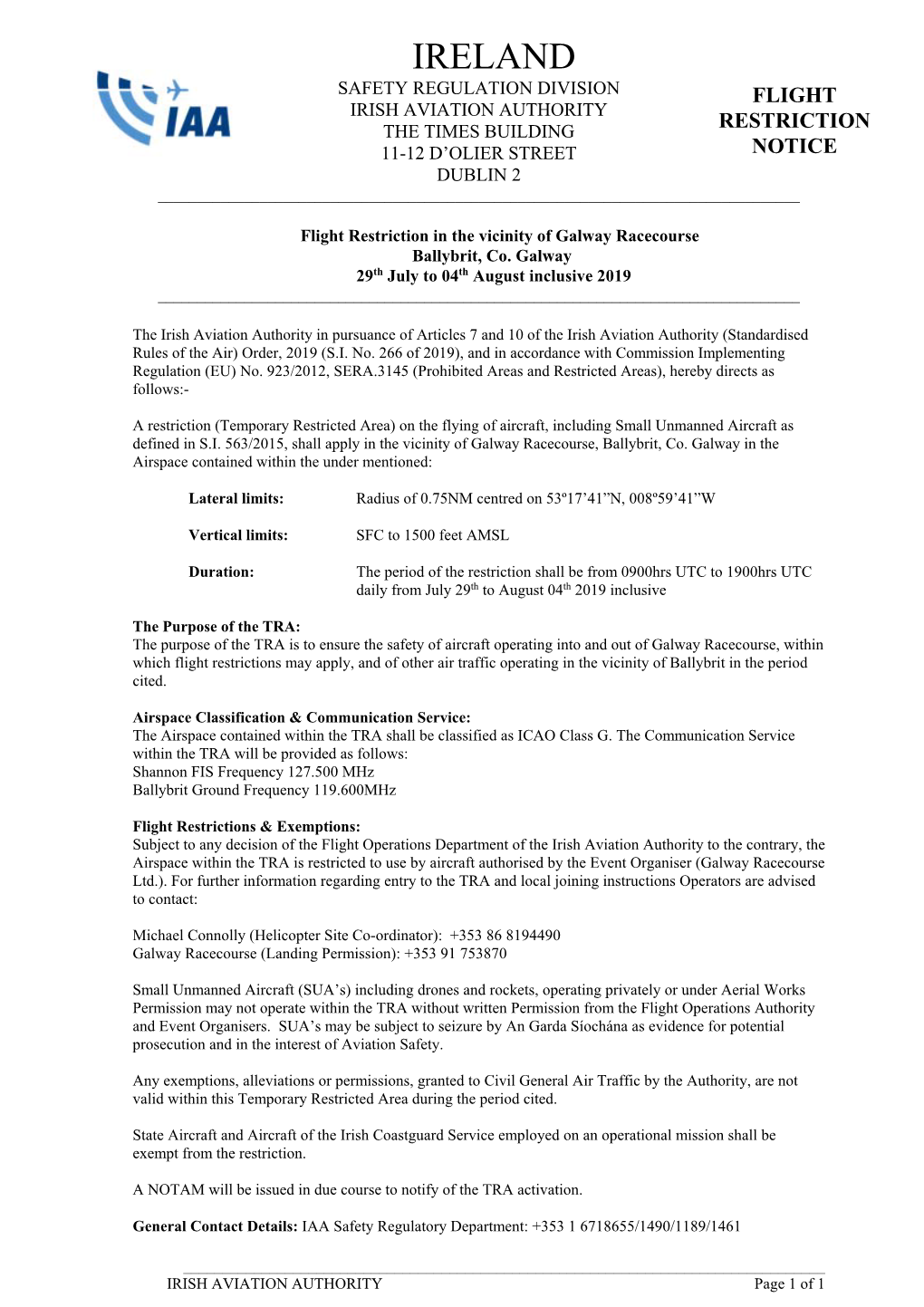 Ireland Safety Regulation Division Flight Irish Aviation Authority the Times Building Restriction 11-12 D’Olier Street Notice Dublin 2 ______