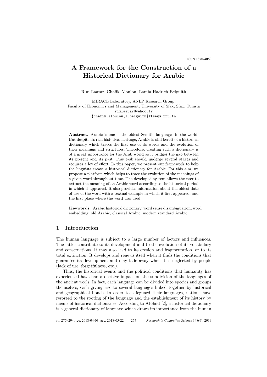 A Framework for the Construction of a Historical Dictionary for Arabic