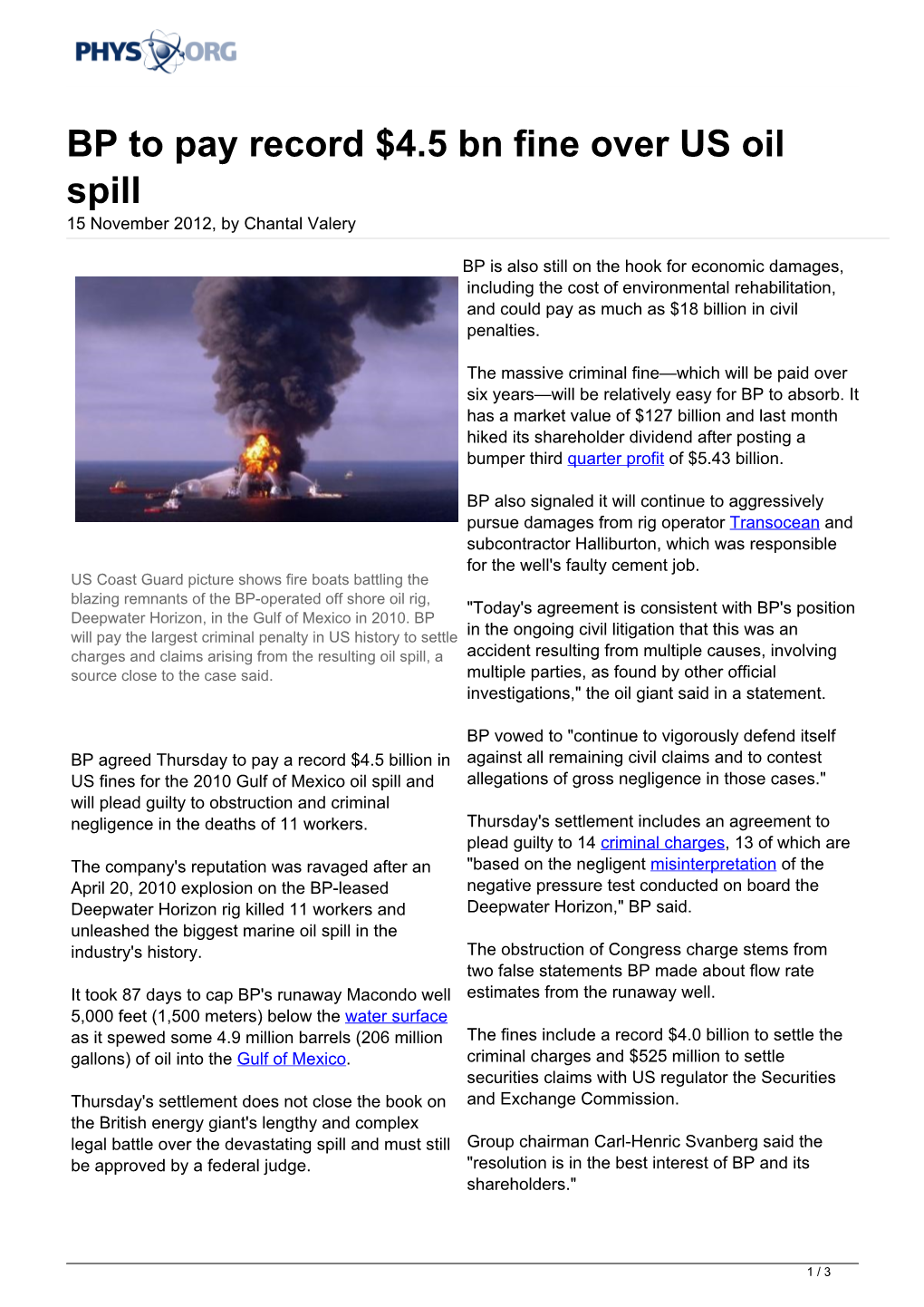 BP to Pay Record $4.5 Bn Fine Over US Oil Spill 15 November 2012, by Chantal Valery