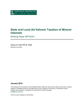 State and Local Ad Valorem Taxation of Mineral Interests Working Paper WP15CK1