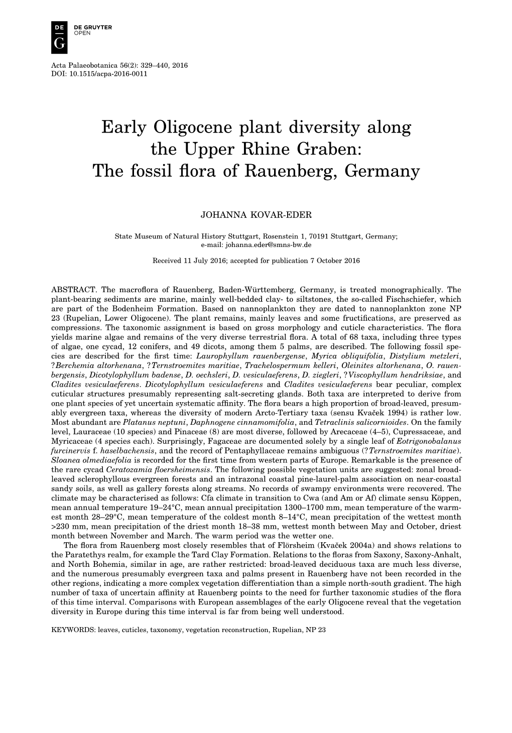 Early Oligocene Plant Diversity Along the Upper Rhine Graben: the Fossil Flora of Rauenberg, Germany