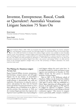 Was Australia's First Declared Vexatious Litigant. an Inventor, Entrepre