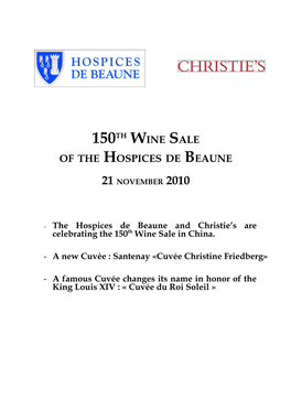 150Th Wine Sale of the Hospices De Beaune