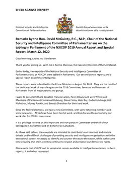 Remarks by the Hon. David Mcguinty, P.C., M.P., Chair of the National