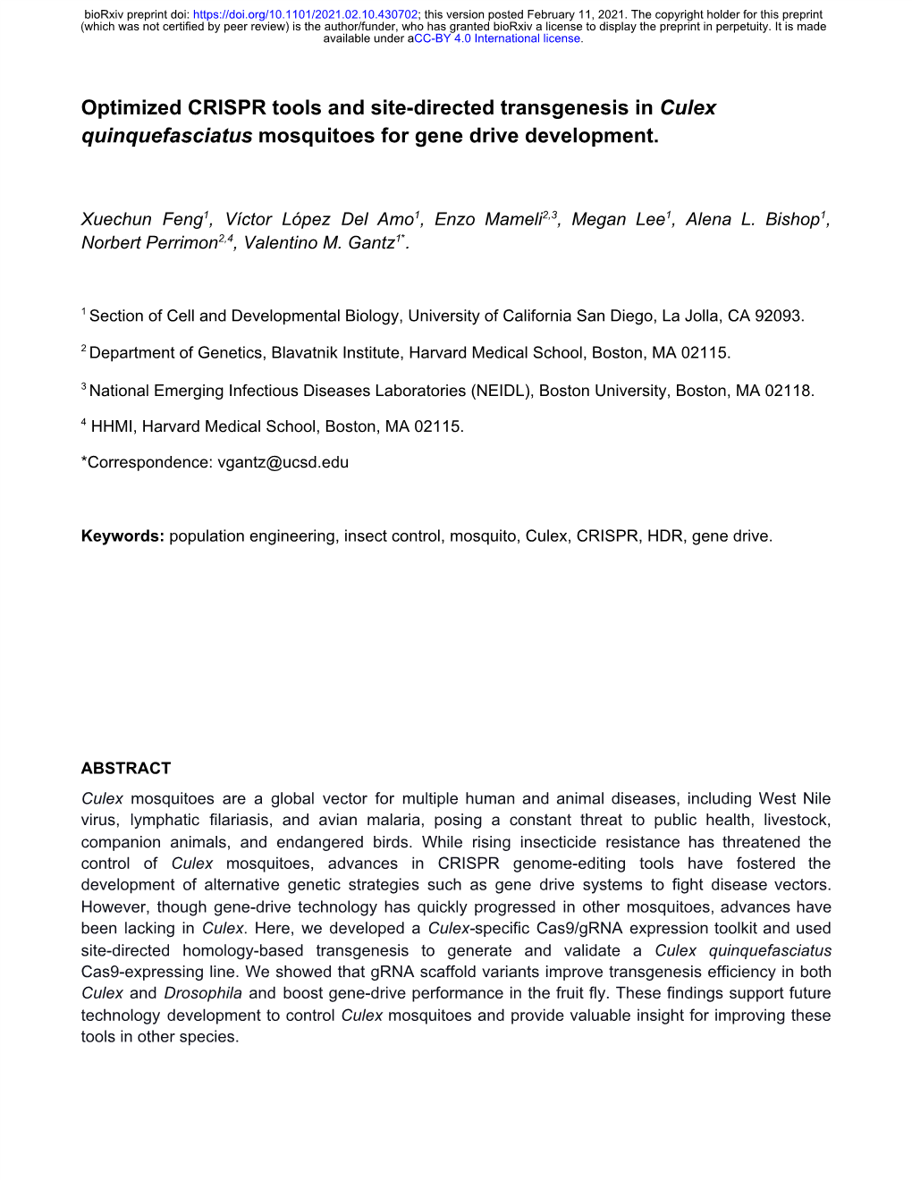 Optimized CRISPR Tools and Site-Directed Transgenesis in Culex ​ Quinquefasciatus Mosquitoes for Gene Drive Development