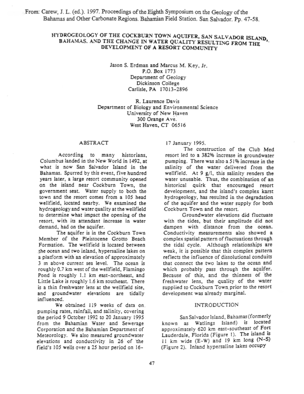 1997. Proceedings Oftheeighth Symposium on the Geology Ofthe Bahamas and Other Carbonate Regions