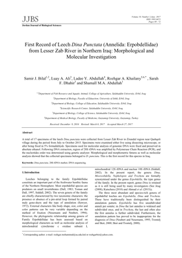 First Record of Leech Dina Punctata (Annelida: Erpobdellidae) from Lesser Zab River in Northern Iraq: Morphological and Molecular Investigation