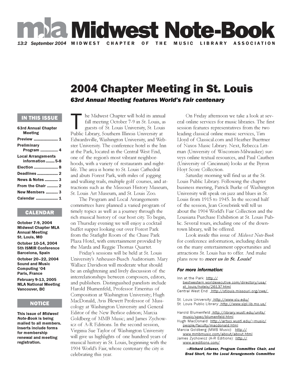 Midwest Note-Book 13:2 September 2004 MIDWEST CHAPTER of the MUSIC LIBRARY ASSOCIATION