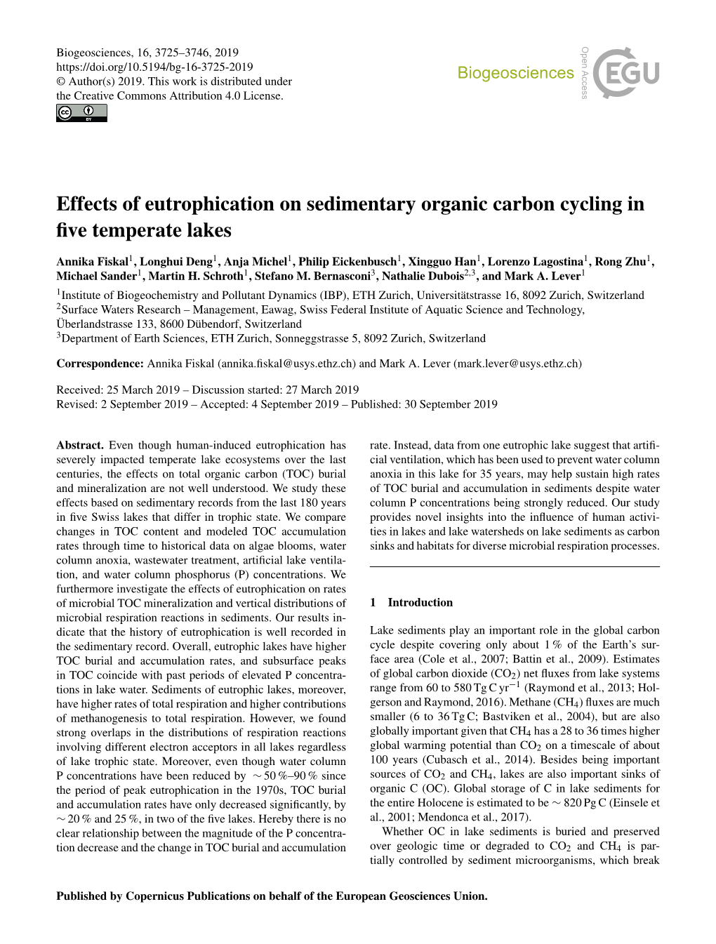 Effects of Eutrophication on Sedimentary Organic Carbon Cycling in ﬁve Temperate Lakes