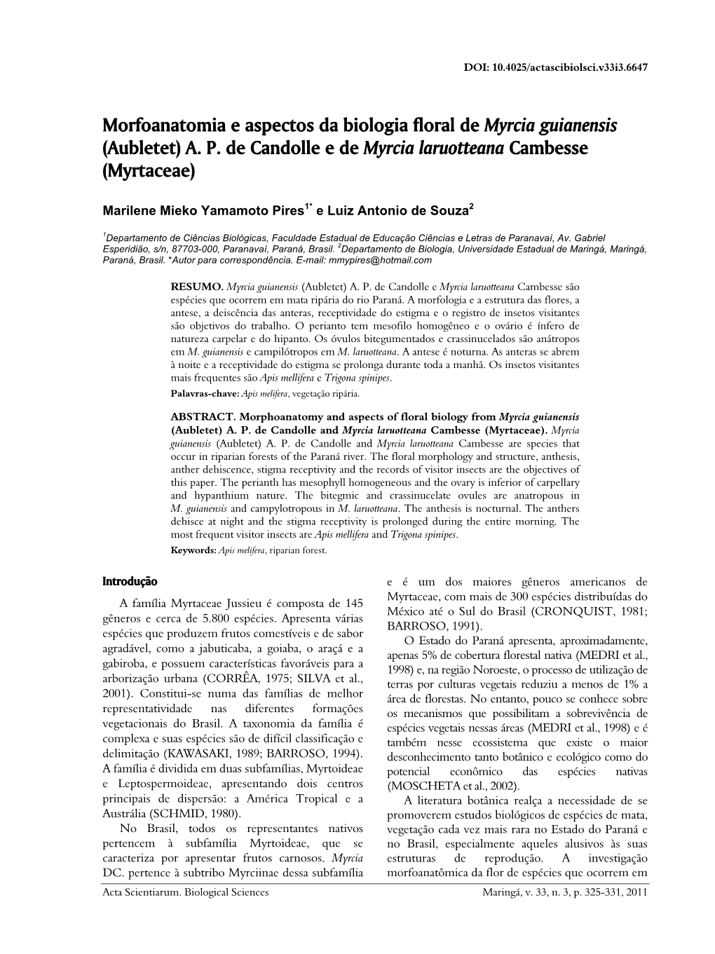 Morfoanatomia E Aspectos Da Biologia Floral De Myrcia Guianensis (Aubletet) A