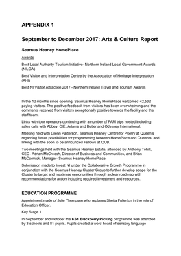 APPENDIX 1 September to December 2017: Arts & Culture Report