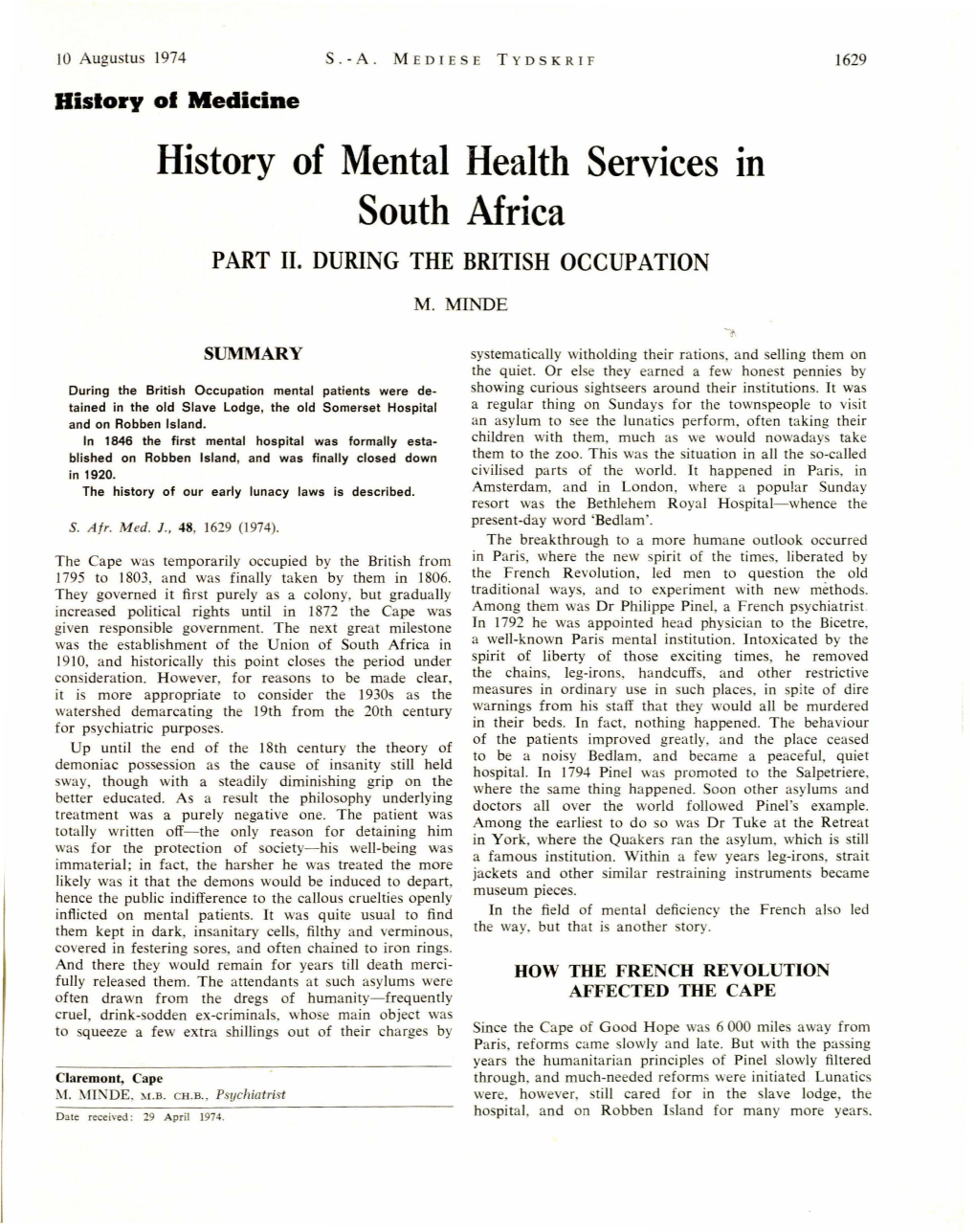 History of Mental Health Services South Africa