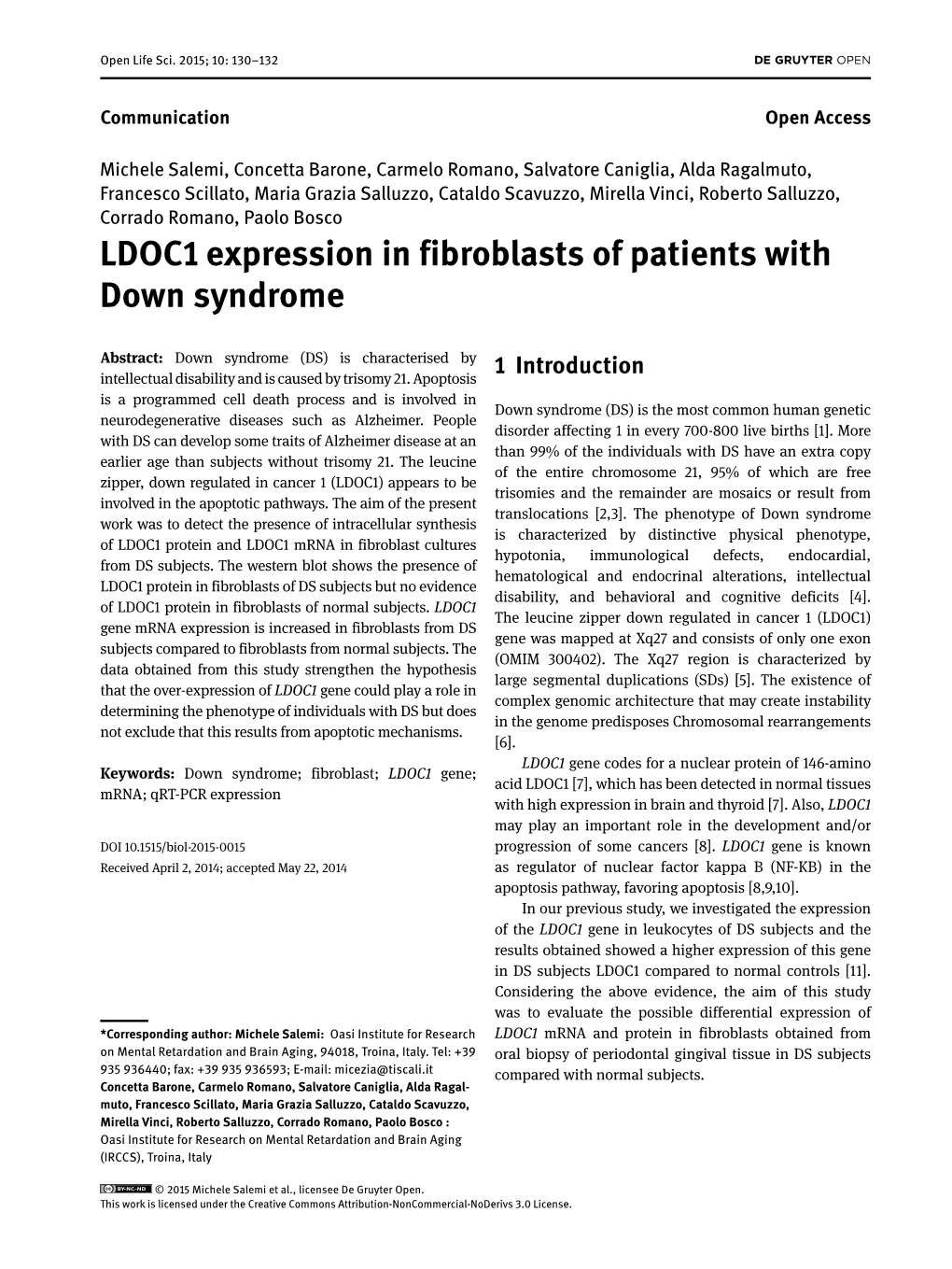 LDOC1 Expression in Fibroblasts of Patients with Down Syndrome