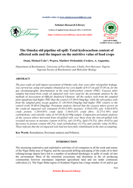 The Omoku Old Pipeline Oil Spill: Total Hydrocarbon Content of Affected Soils and the Impact on the Nutritive Value of Food Crops