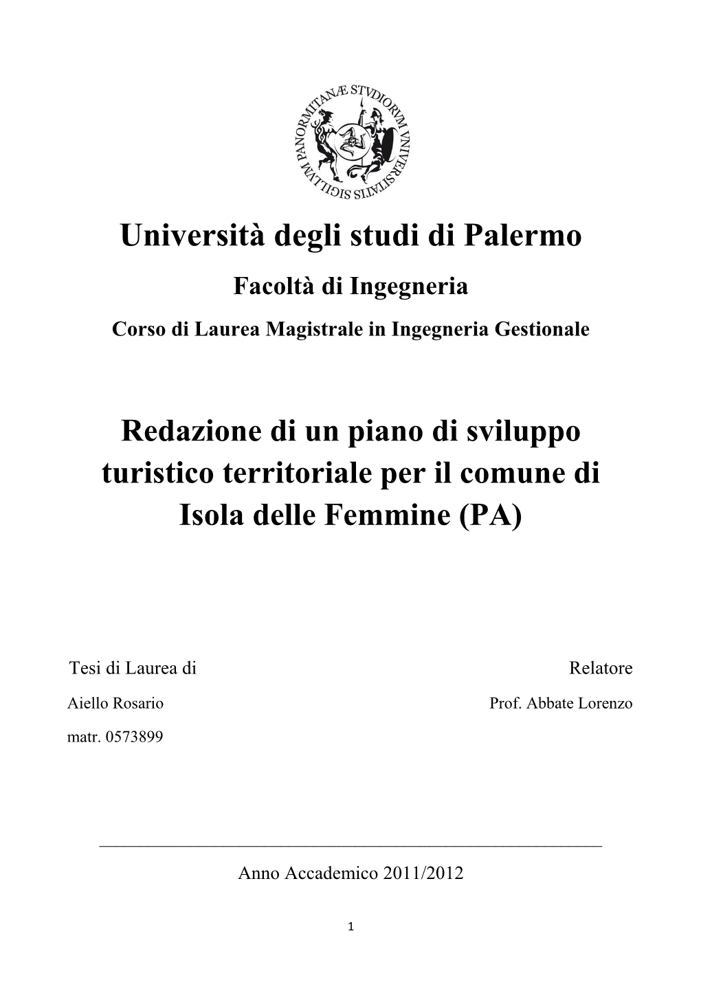 Aiello Rosario Tesi Di Laurea Piano Di Sviluppo Turistico Di Isola Delle Femmine