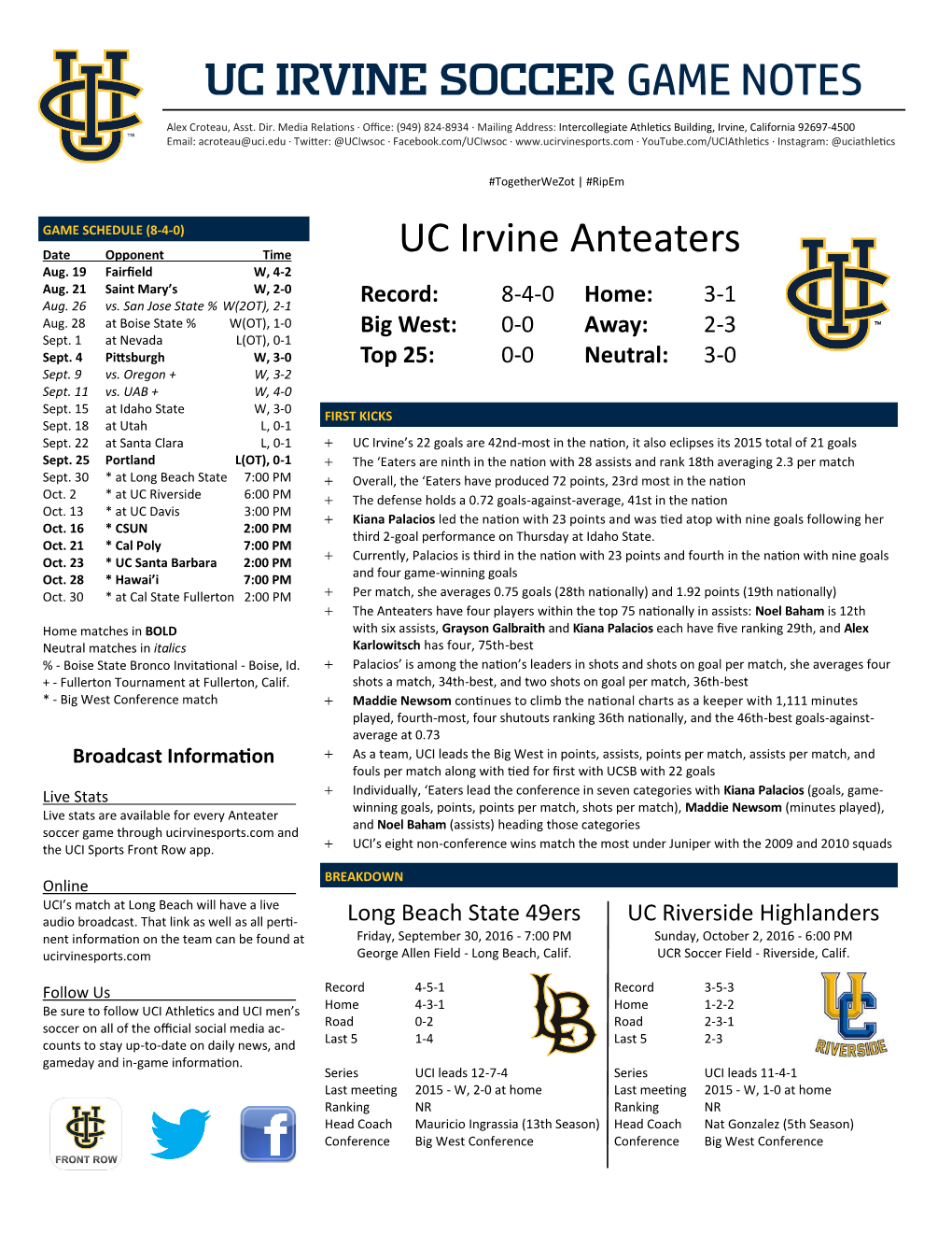 UC Irvine SOCCER GAME NOTES