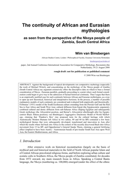 The Continuity of African and Eurasian Mythologies As Seen from the Perspective of the Nkoya People of Zambia, South Central Africa