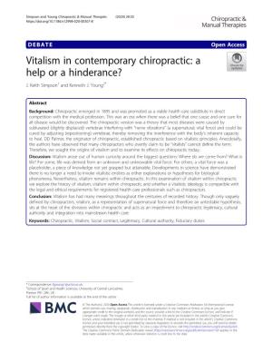 Vitalism in Contemporary Chiropractic: a Help Or a Hinderance? J