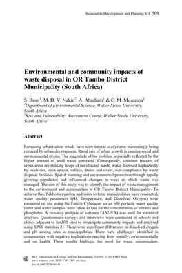 Environmental and Community Impacts of Waste Disposal in OR Tambo District Municipality (South Africa)