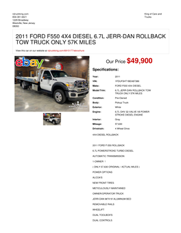 2011 Ford F550 4X4 Diesel 6.7L Jerr-Dan Rollback Tow Truck Only 57K Miles