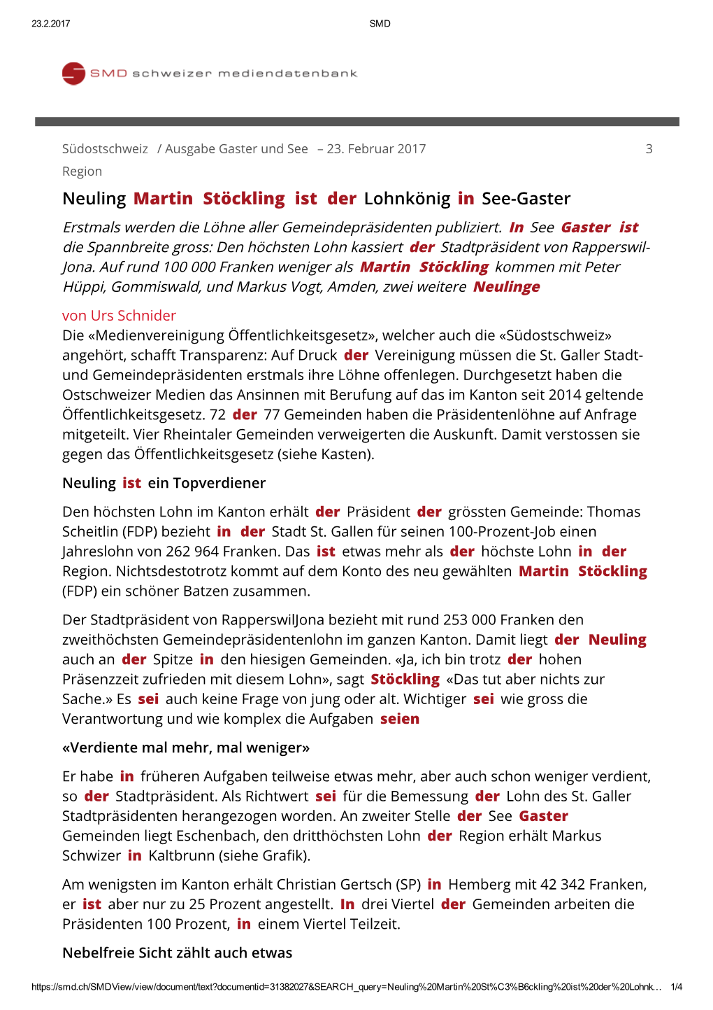 Neuling Martin Stöckling Ist Der Lohnkönig in See-Gaster Erstmals Werden Die Löhne Aller Gemeindepräsidenten Publiziert